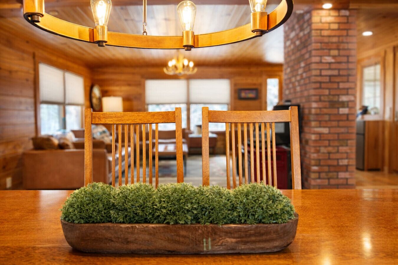 Ein Holztisch mit einer Schale mit Grünpflanzen als Mittelstück, zwei Holzstühle und eine Chandeliebe mit freiliegenden Glühbirnen.