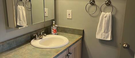 Shower, towels, soap, toilet paper