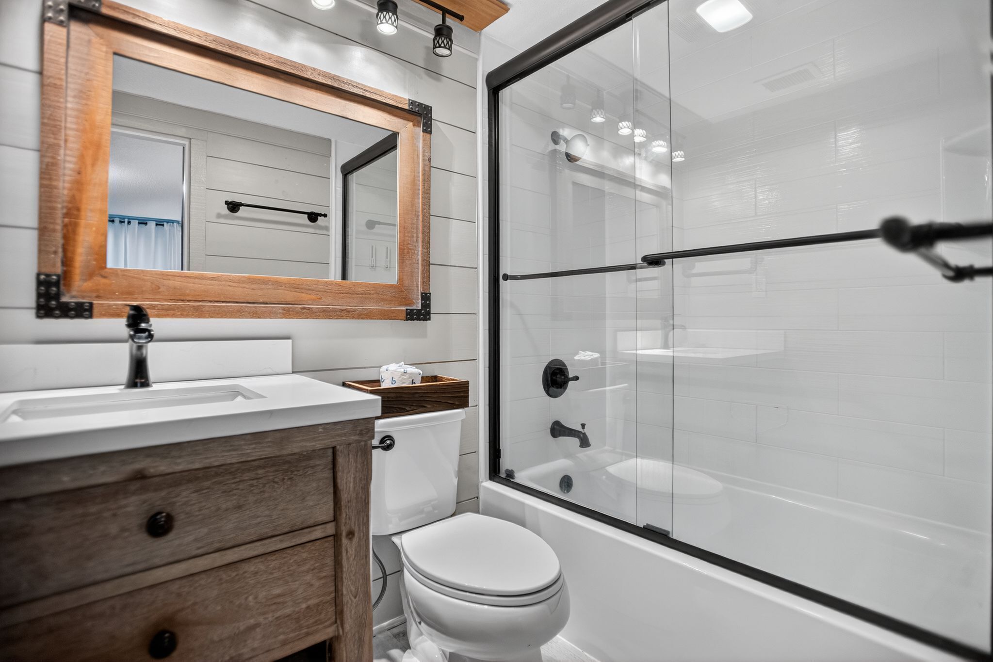 Hair dryer, towels, soap, shampoo