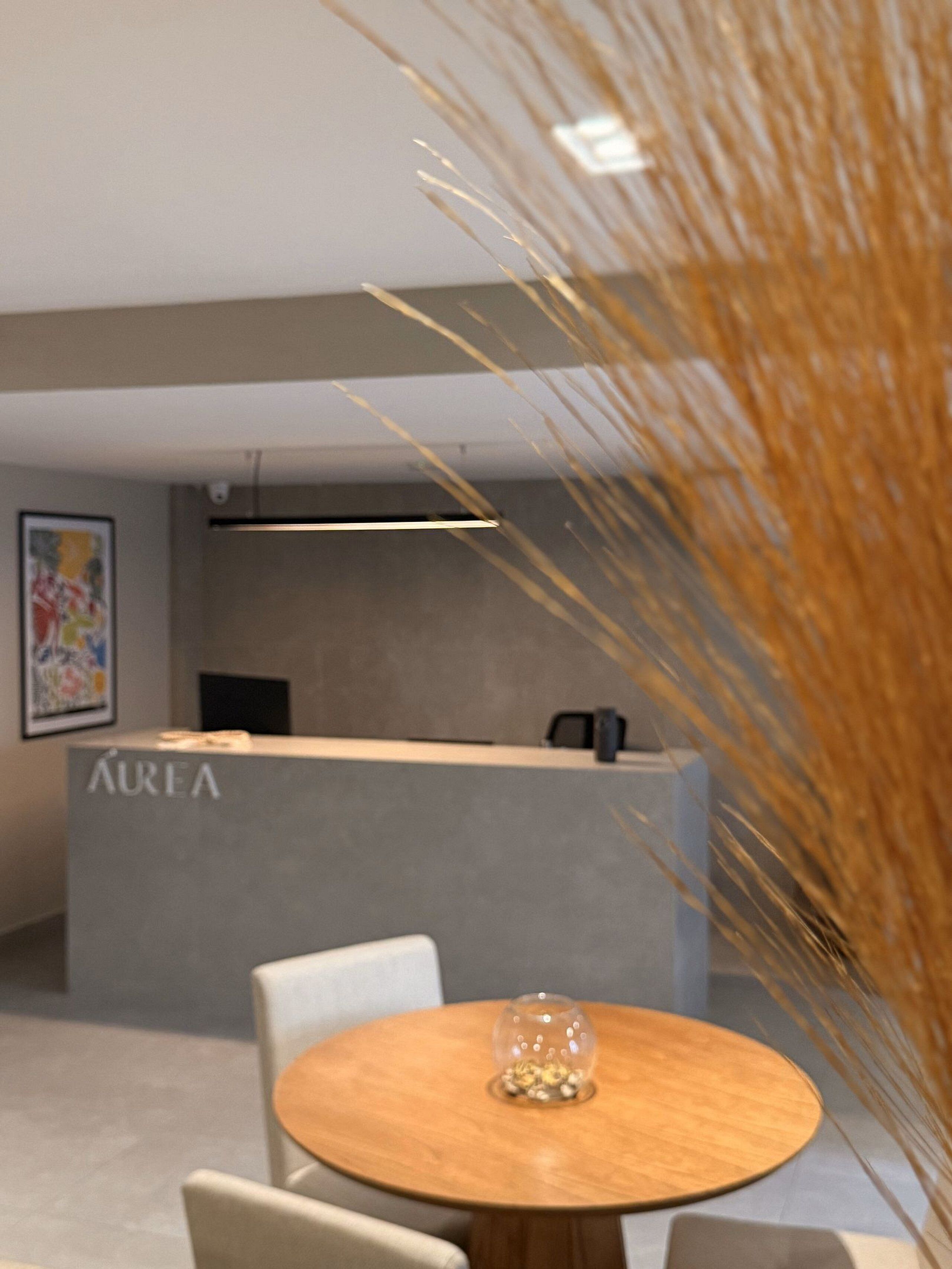 A reception desk labeled 'AUREA' with a modern design, a round wooden table with a clear glass vase, and a decorative plant in the foreground.