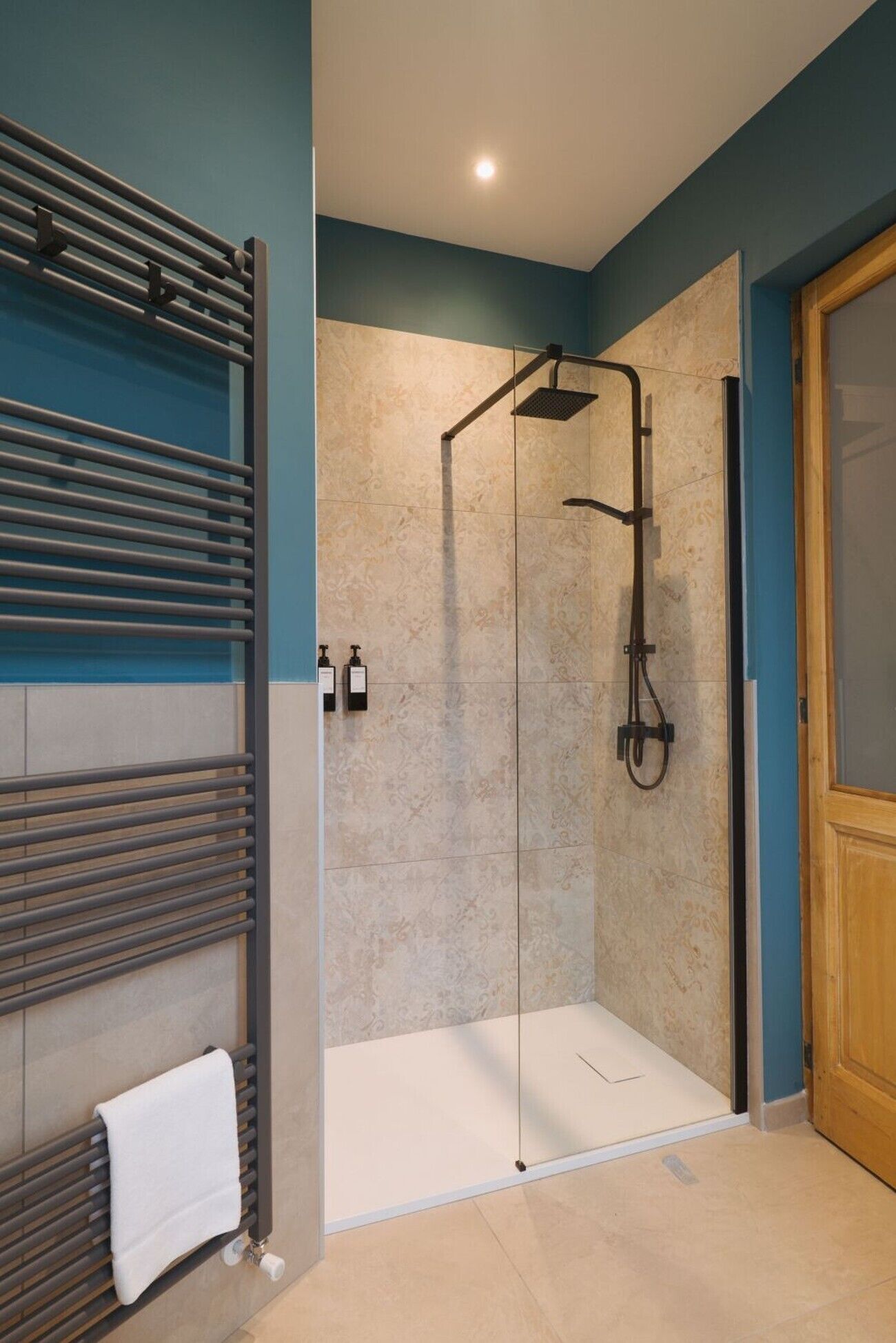 Une salle de bain moderne avec une douche à parois de verre, un porte-serviettes et une porte en bois.