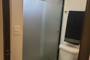 Shower, towels, soap, toilet paper