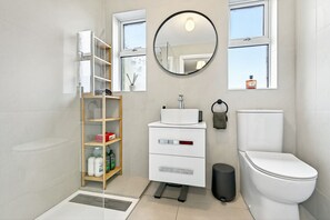 Shower, hair dryer, towels, soap