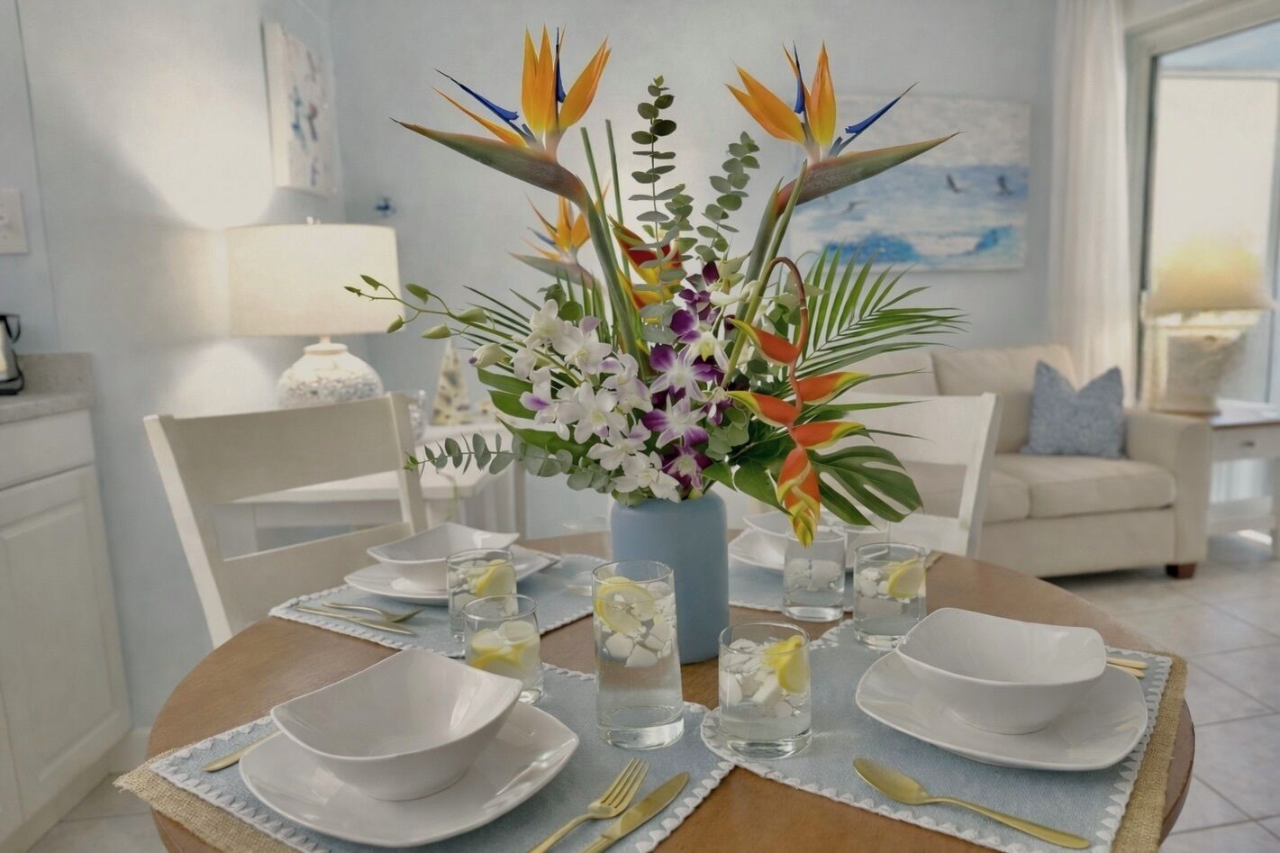 Une table à manger dressée avec de l’assiette, des bols et des verres blancs, un vase rempli de fleurs et une lampe en arrière-plan.