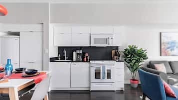 Deluxe Apartment, City View | Private kitchen | Full-size fridge, microwave, oven, stovetop