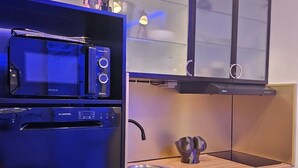 A modern kitchen with a built-in oven, microwave, and a double sink. - MEDUSE - Studio Héliopolis C29 - Luxury - 2 people (AGDE)