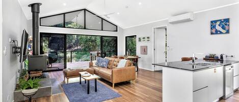 Smart TV, chimenea y libros