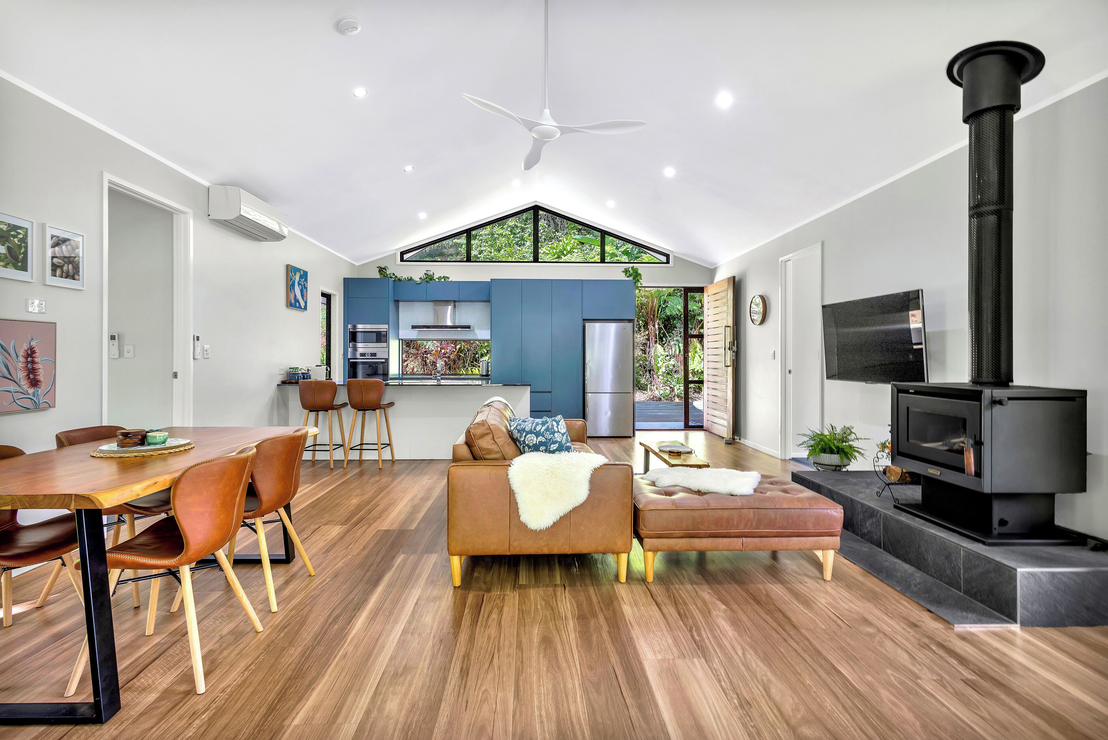 Smart TV, fireplace, books