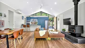 Smart TV, fireplace, books