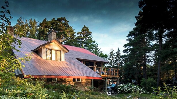 A rustic cabin with a metal roof, surrounded by dense forest. - Charming Lakeview Cottage | Algonquin Shores (Dwight)
