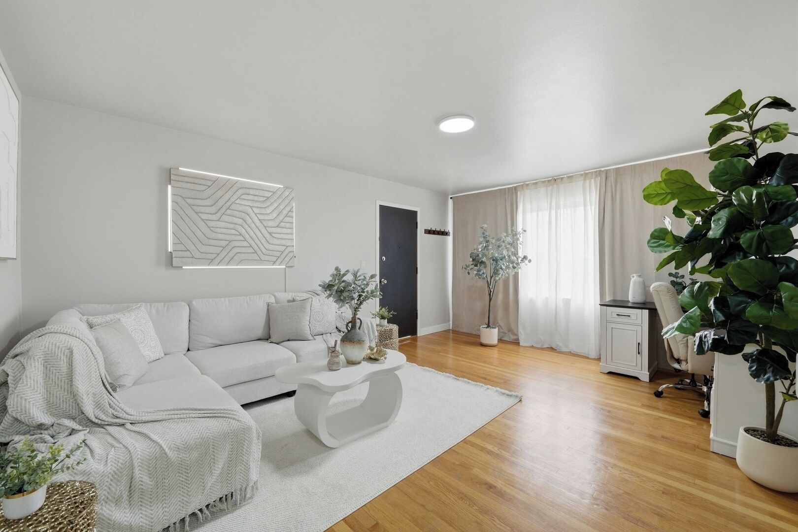 Un salon moderne avec un canapé, une table basse et des plantes en pot.