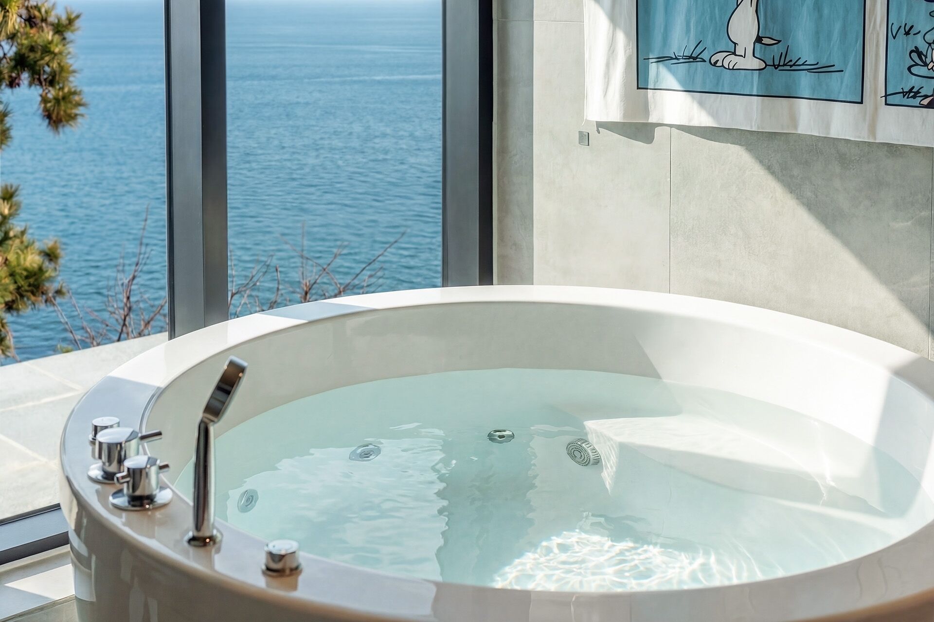 A large, oval-shaped hot tub with a control panel on the left side, situated in a room with large windows overlooking a body of water.