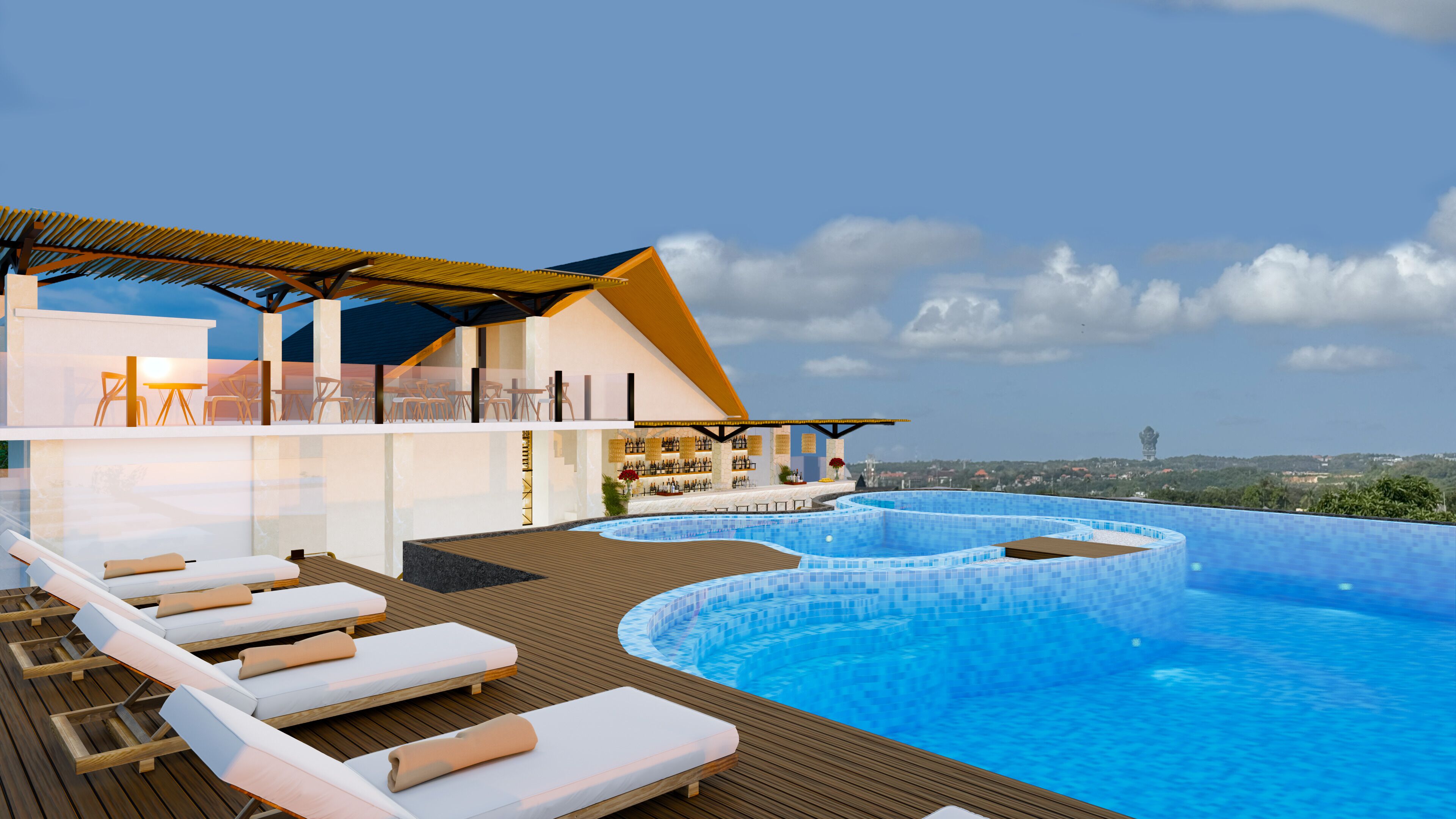 Outdoor pool, pool umbrellas, pool loungers