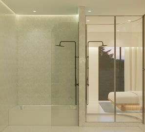 A modern bathroom with a glass shower enclosure, a visible showerhead, and a glass door leading to a bedroom with a bed and a window.