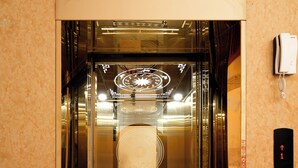 An elevator with a patterned floor, a handrail, and a wall-mounted phone. - Sao Phuong Nam Hotel (Ninh Binh)