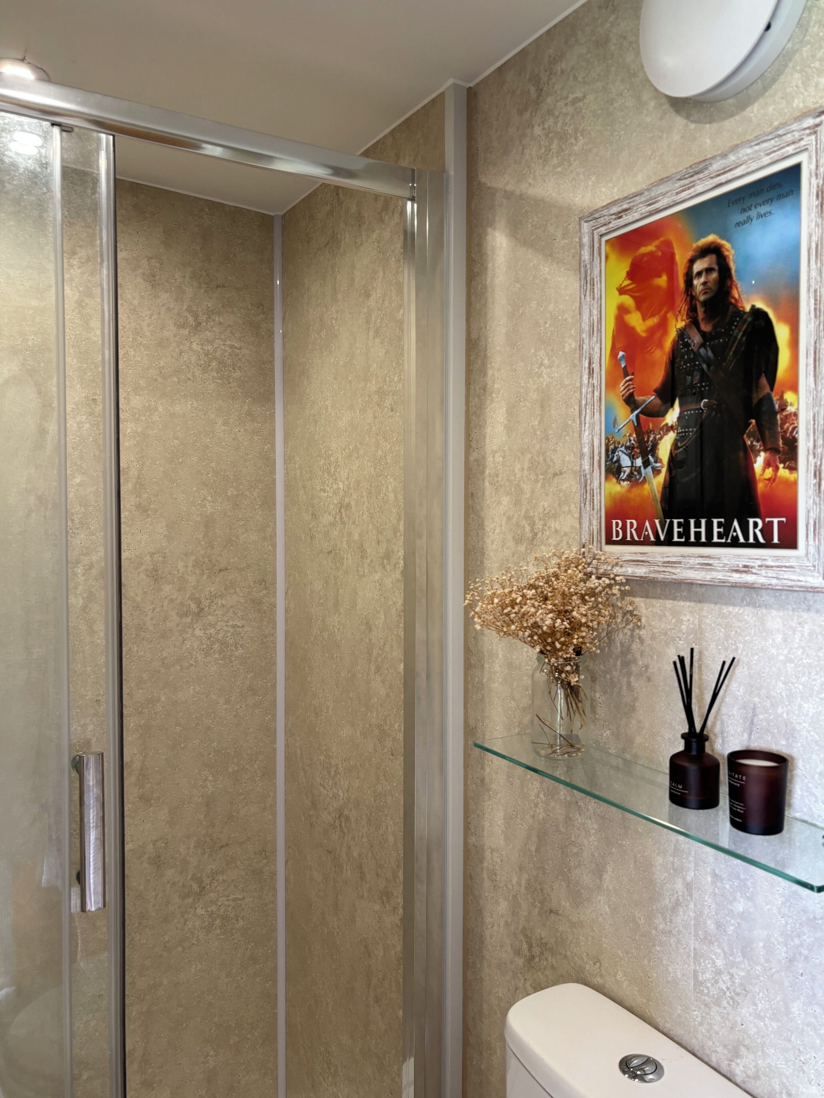 Een badkamer met een beige wand met structuur, een lijst met een filmfiguur, een glazen plank met een vaas gedroogde bloemen, en een toilet.