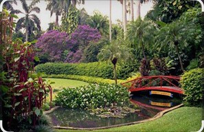 A garden with a pond, a red bridge, and various plants and trees. - Beautiful and Comfy 4-bedroom 2 bathroom Duplex in St. Petersburg (St. Petersburg)