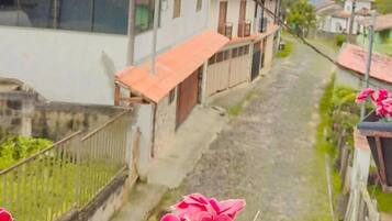Een smalle straat met huizen aan weerszijden, een zichtbare elektriciteitsleiding en een bloempot met roze bloemen op de voorgrond.