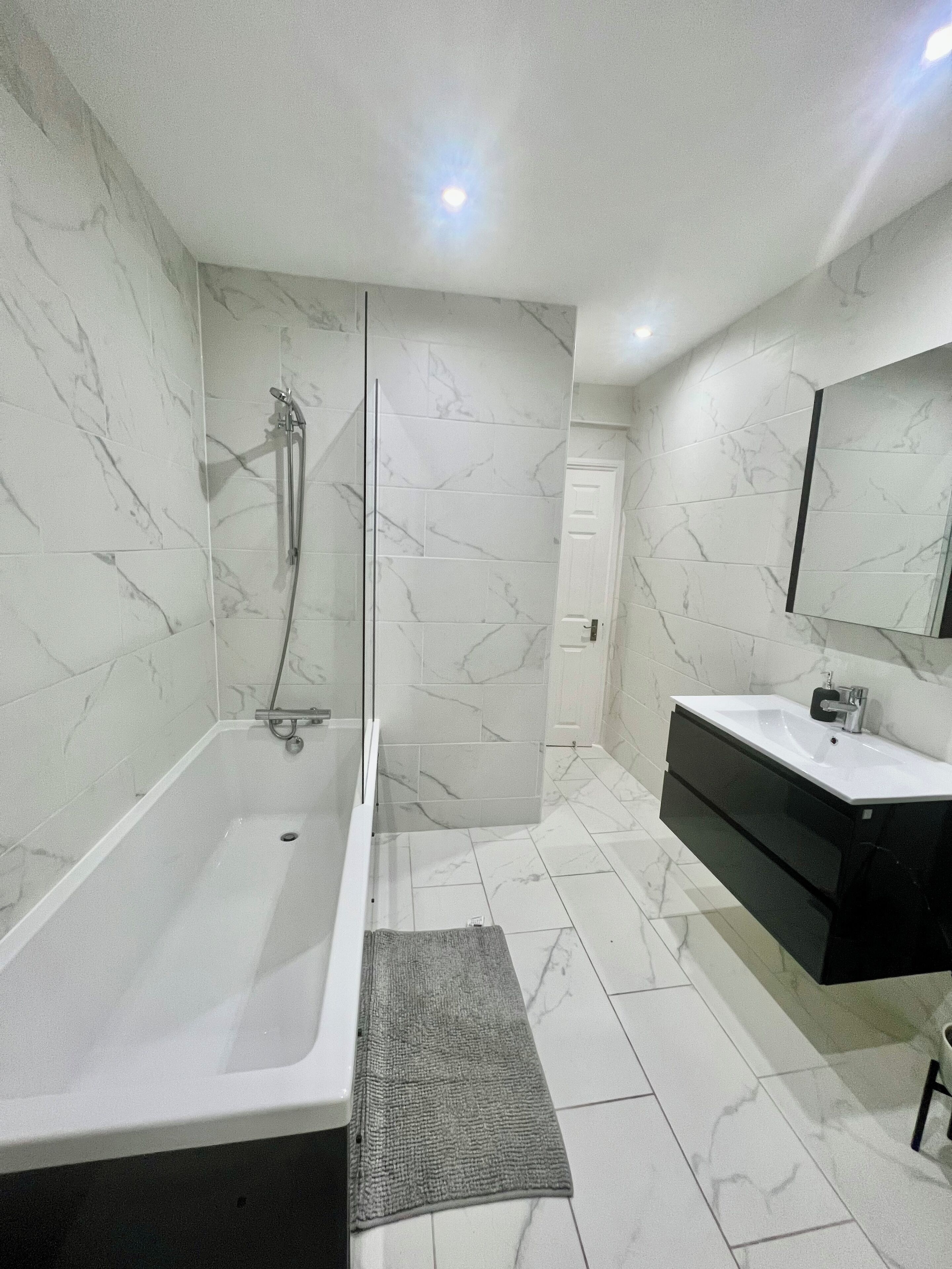 Hair dryer, towels, soap, toilet paper