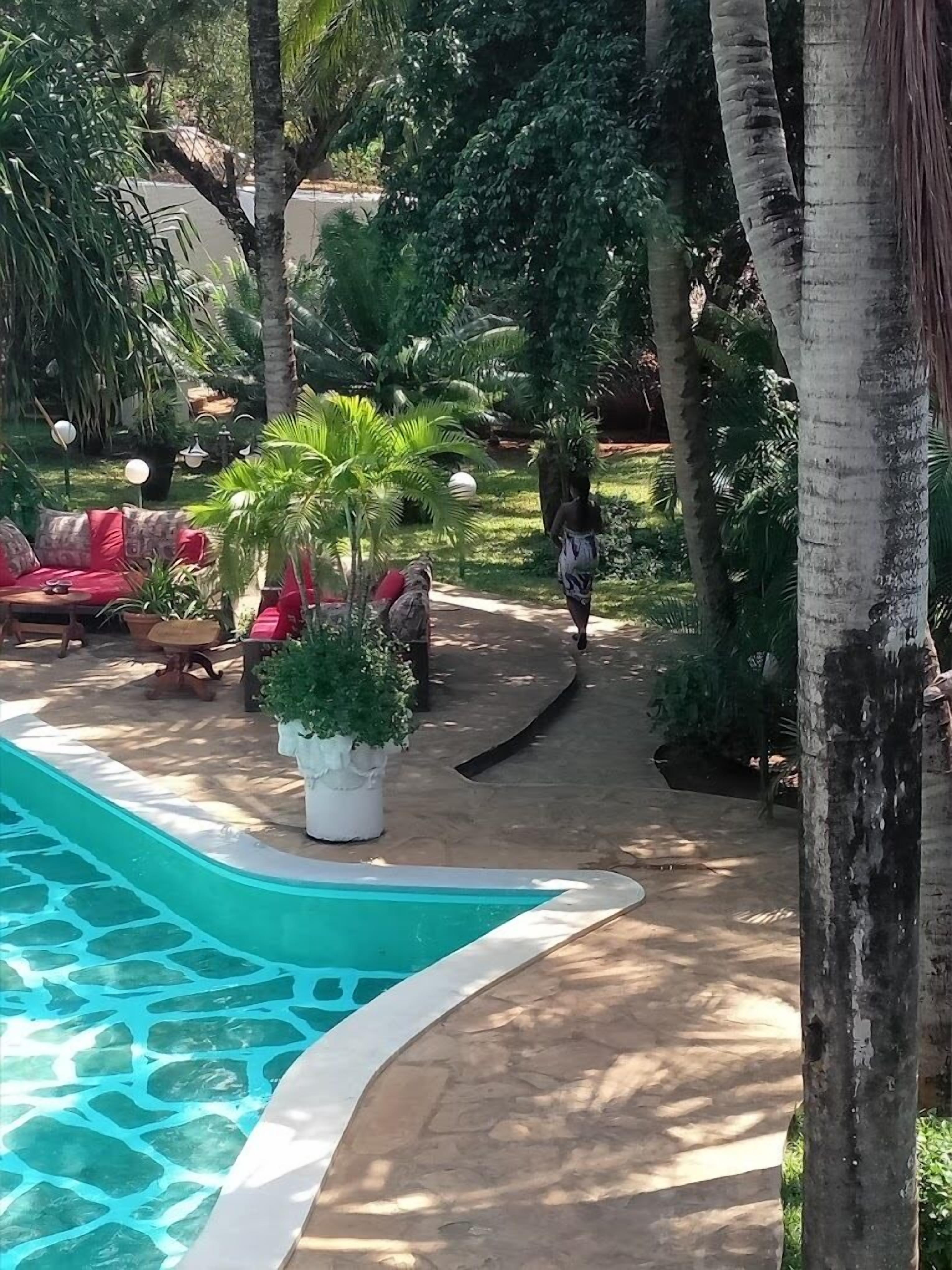 A pool area with a curved edge, surrounded by palm trees and potted plants.