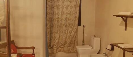 Une salle de bain avec un sol orné d’un motif en étoile, une chaise en bois, des toilettes, un bidet et un miroir.