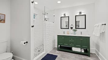 Hair dryer, towels, soap, toilet paper