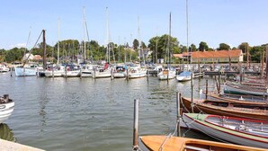 Un port de plaisance où sont amarrés différents types de bateaux, entouré de bâtiments et d ’arbres.