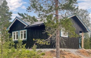 A cabin with a dark wooden exterior, two visible windows, and a sloped roof.