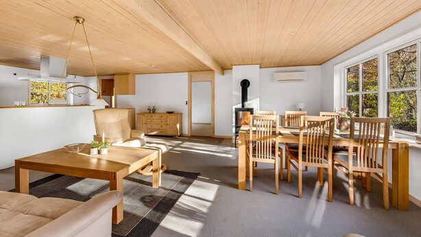 Tilava olohuone, jossa on puinen kattopaneeli, ruokapöytä tuoleineen, sohva ja takka.