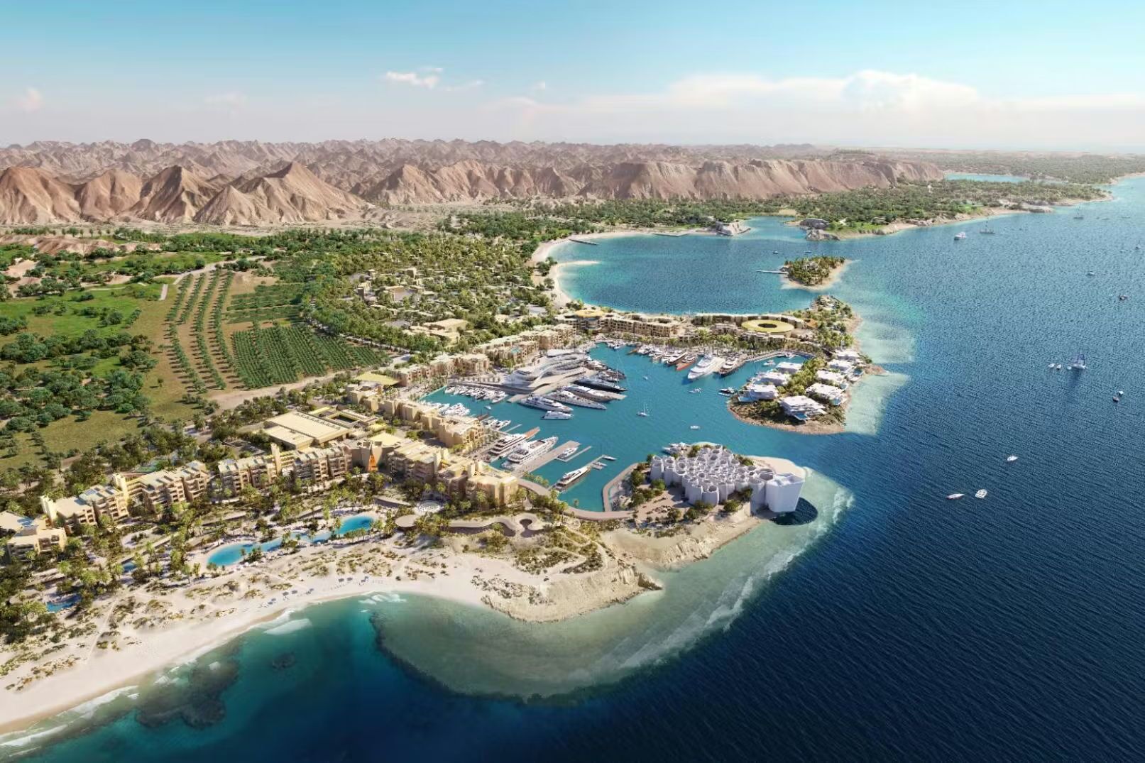 A coastal resort with multiple swimming pools, a marina, and a desert landscape in the background.