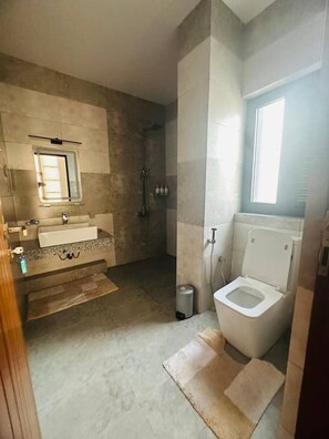 A bathroom with a sink, mirror, shower, and toilet.