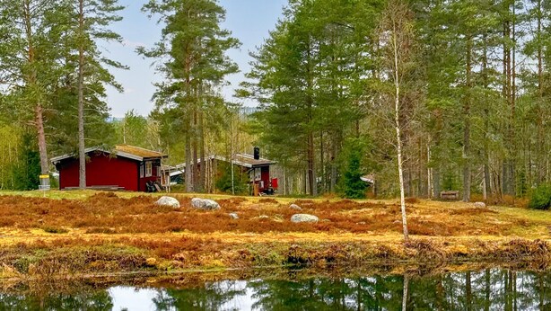 Una cabana amb façana vermella, envoltada per un bosc i un conjunt d'aigua que reflecteix els arbres.