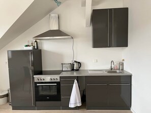 Eine kleine Küche mit Herd, Backofen und Spüle, ausgestattet mit modernen Geräten und Schränken.