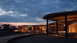 Un bâtiment moderne doté d’un espace extérieur abrité et d’un chemin menant à cet espace.