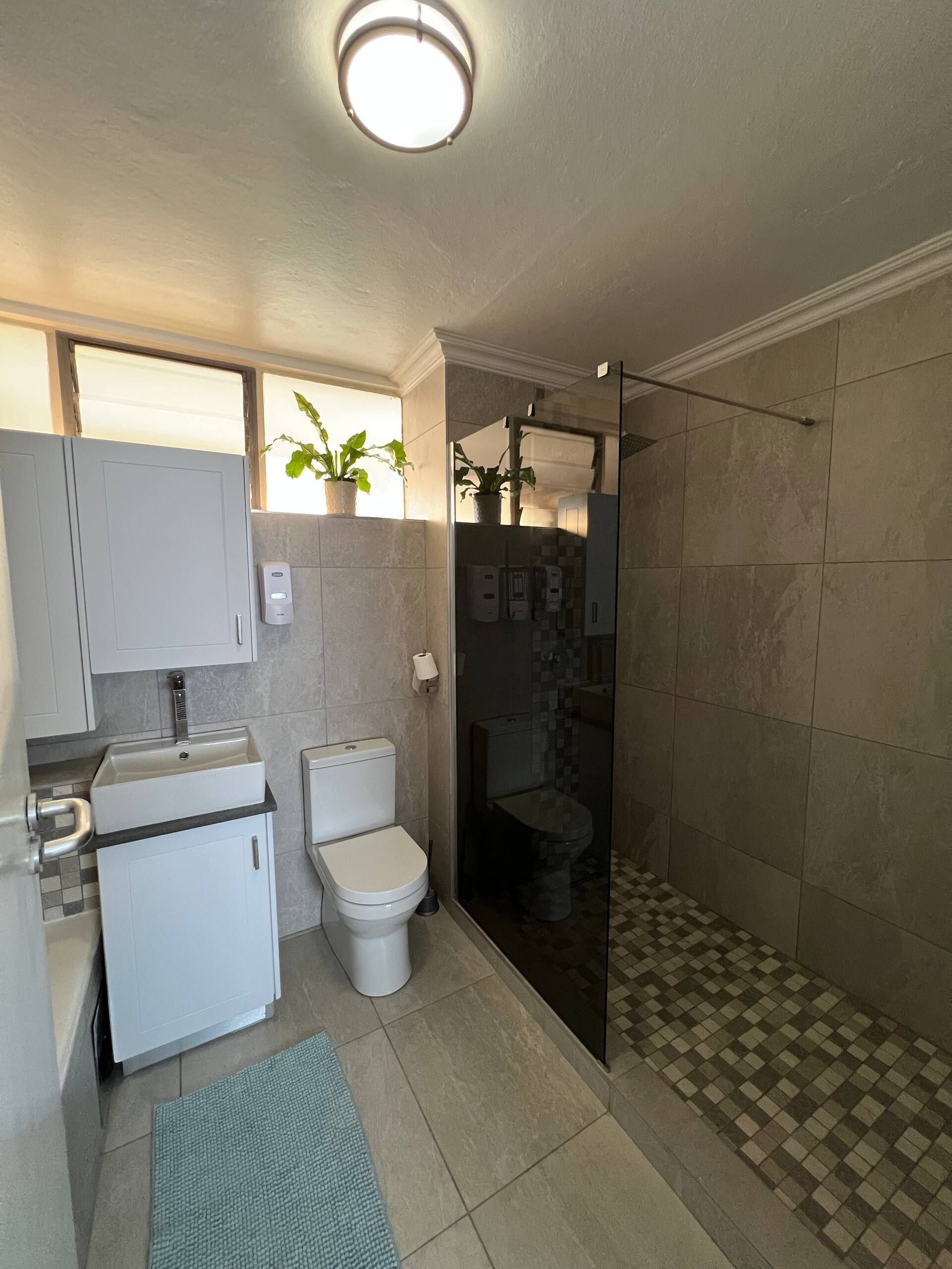 Une petite salle de bain comprenant des toilettes, un lavabo et un espace douche.