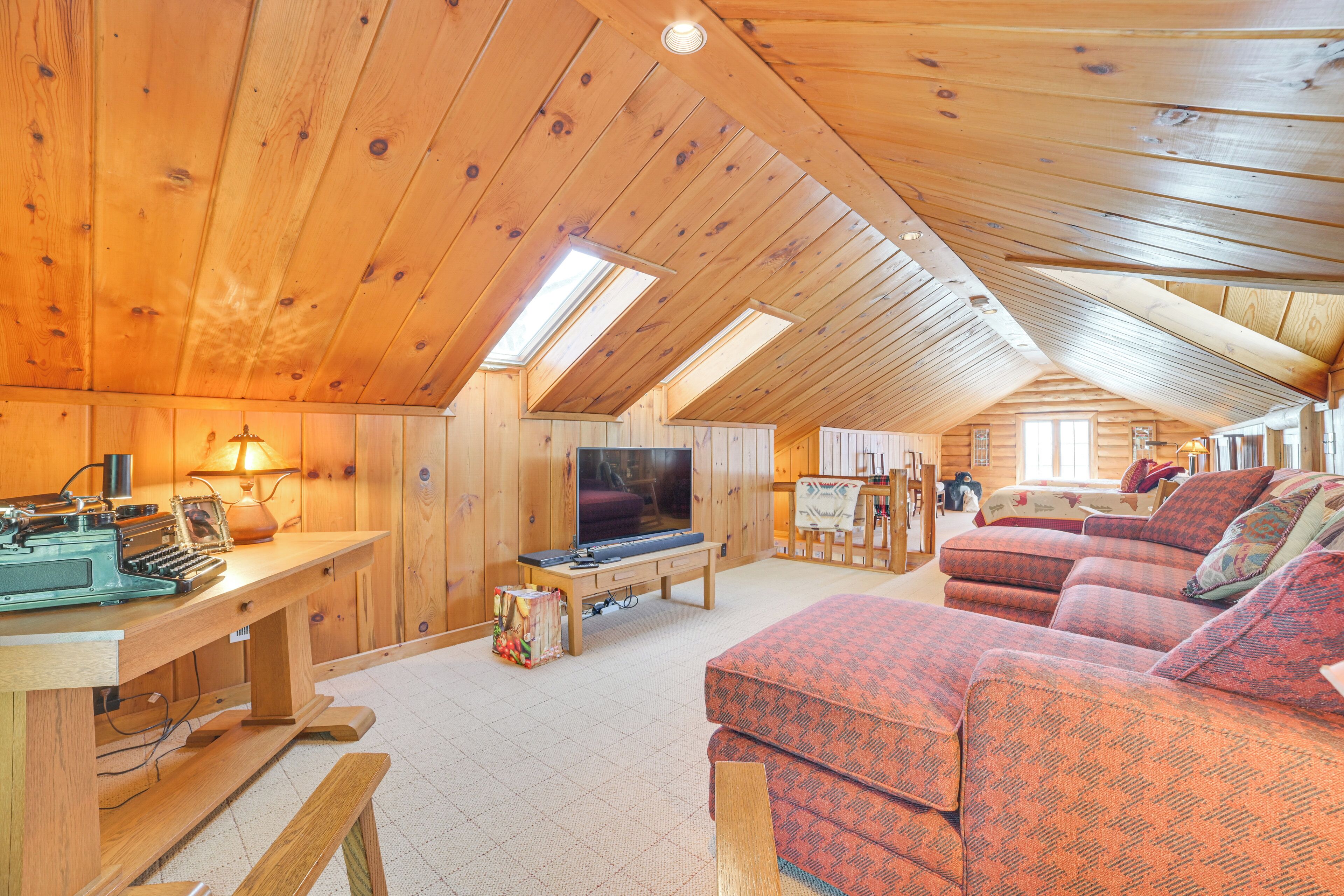 TV, fireplace, books
