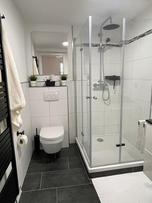 Dusche, Haartrockner, Handtücher, Seife