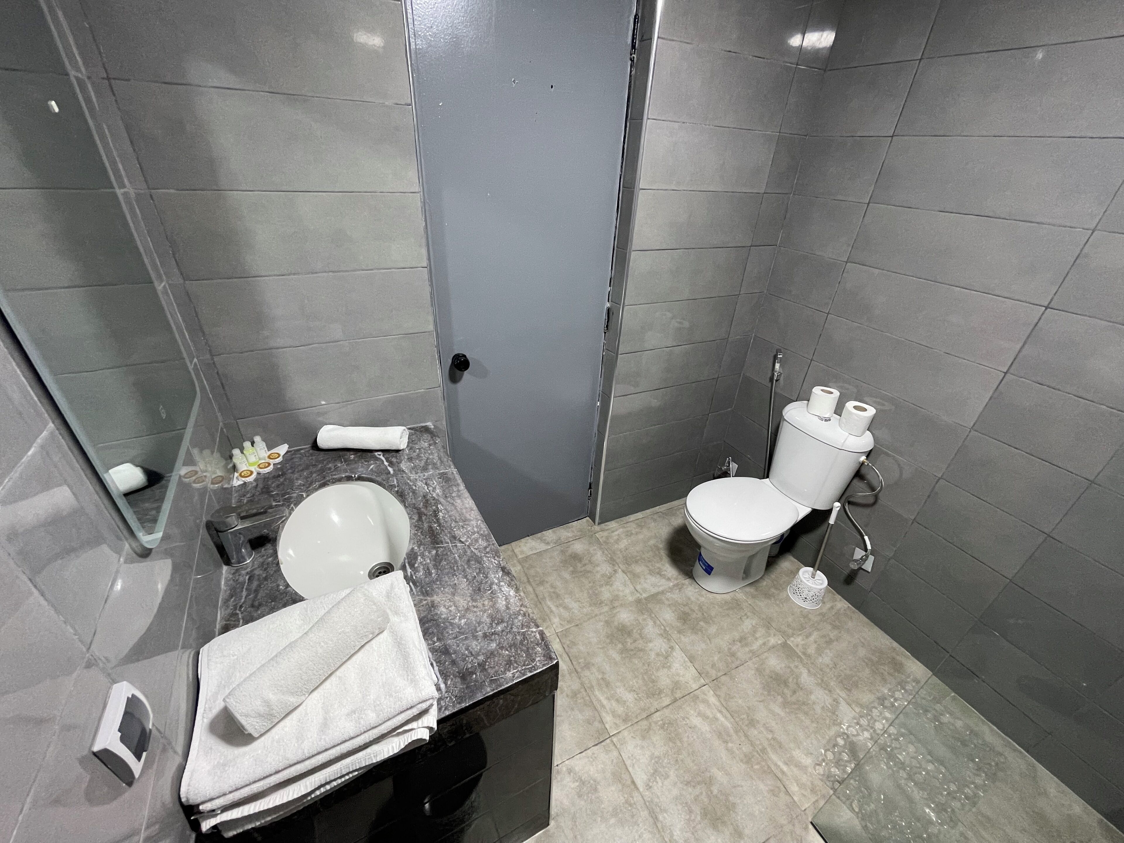A modern bathroom with a marble sink, a toilet, and a mirror.