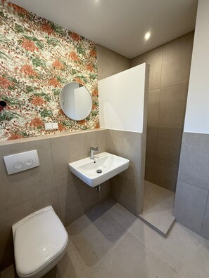 Dusche, Haartrockner, Handtücher, Seife