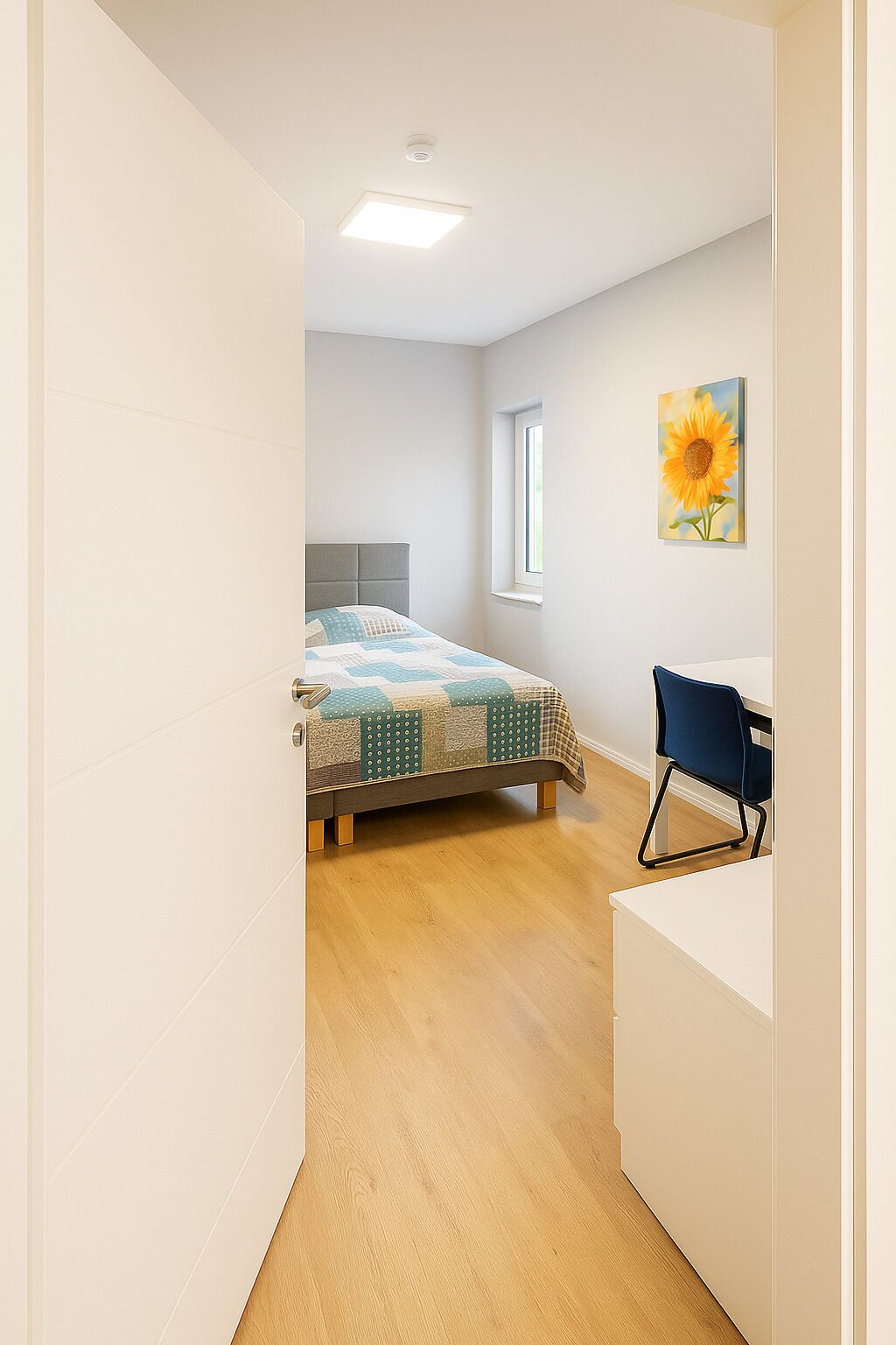 Une chambre à coucher avec un lit, un bureau et une chaise.