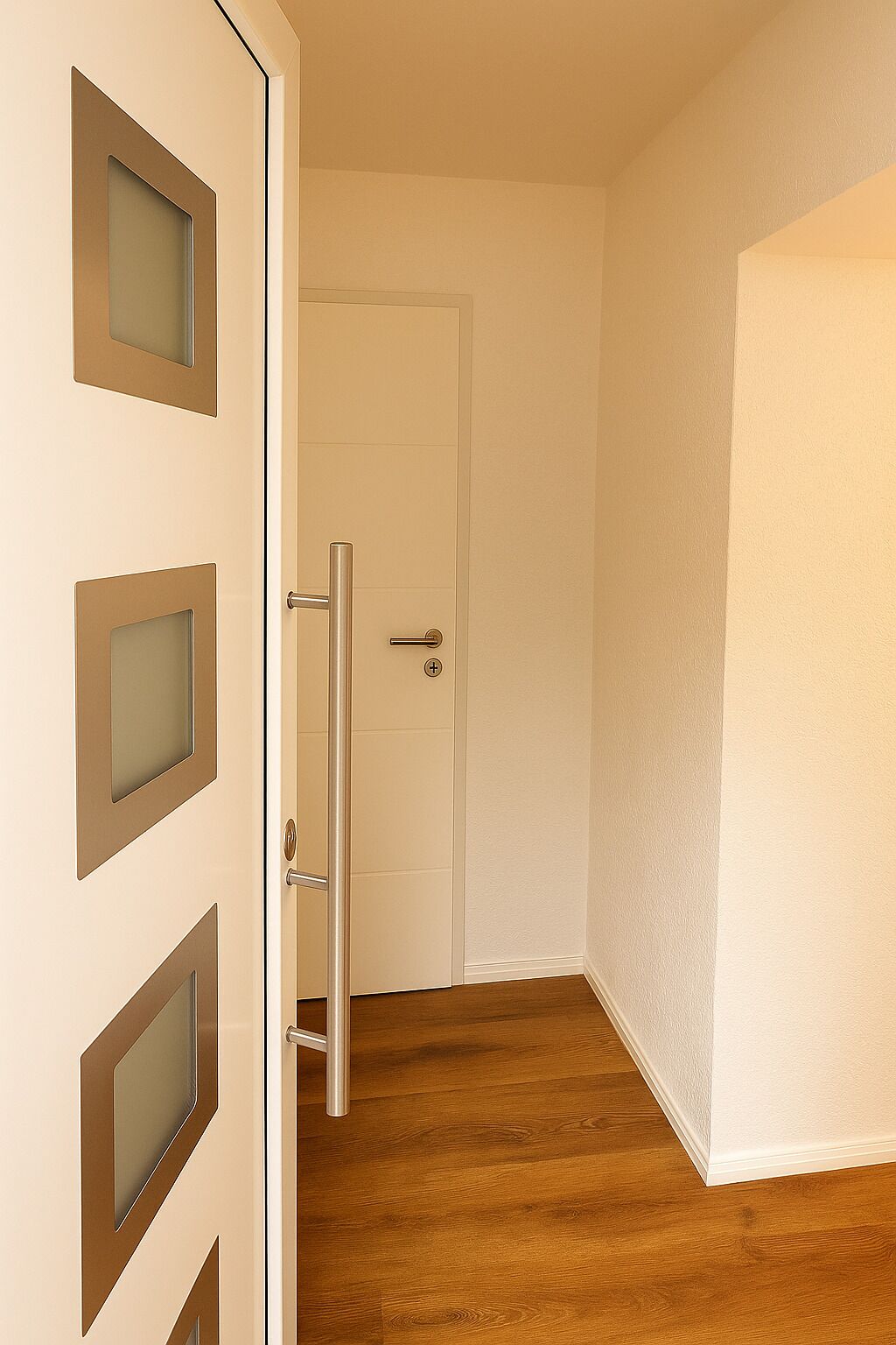Un pasillo con piso de madera, una puerta blanca y un muro con textura.