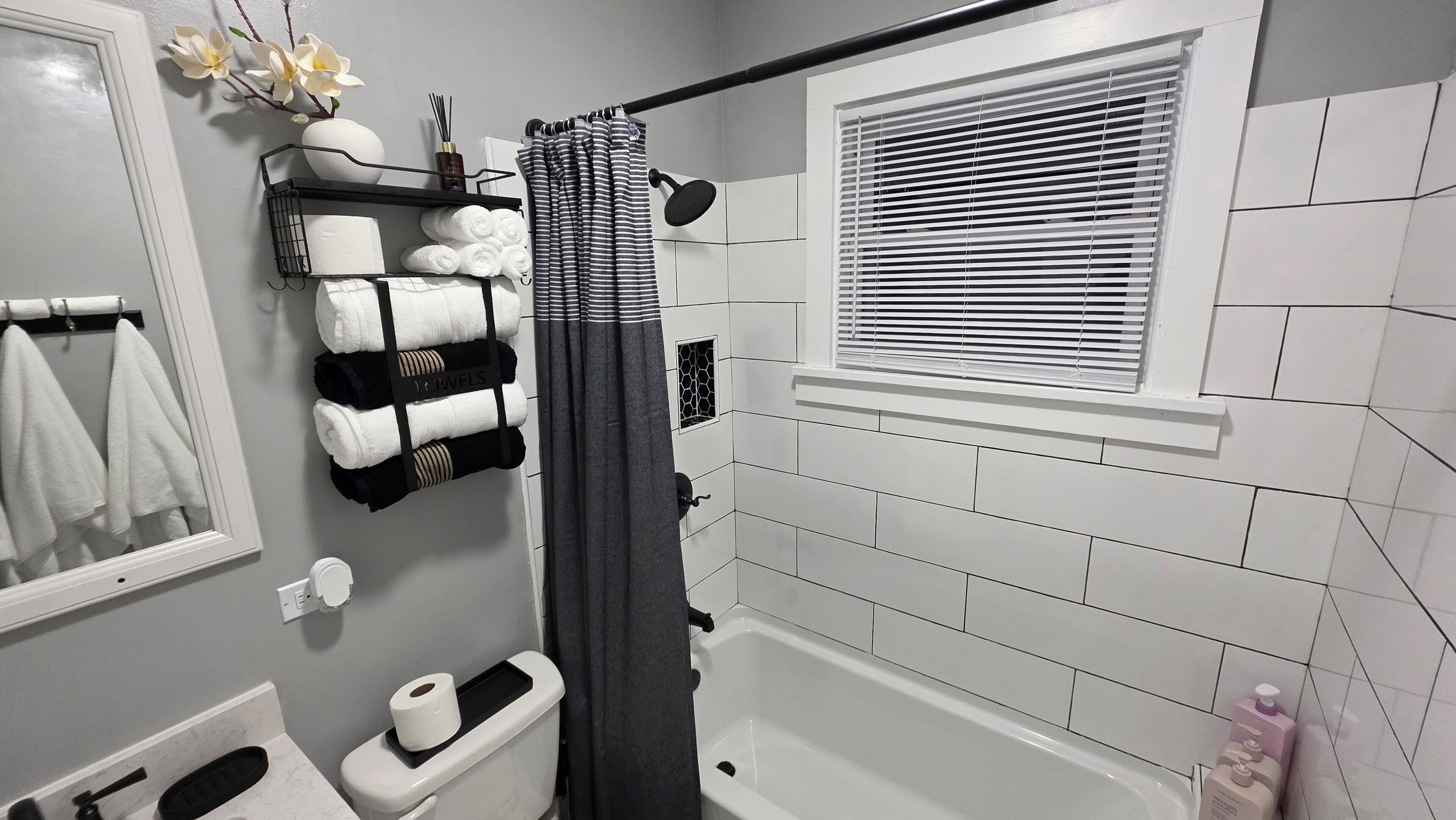 Hair dryer, towels, soap, toilet paper