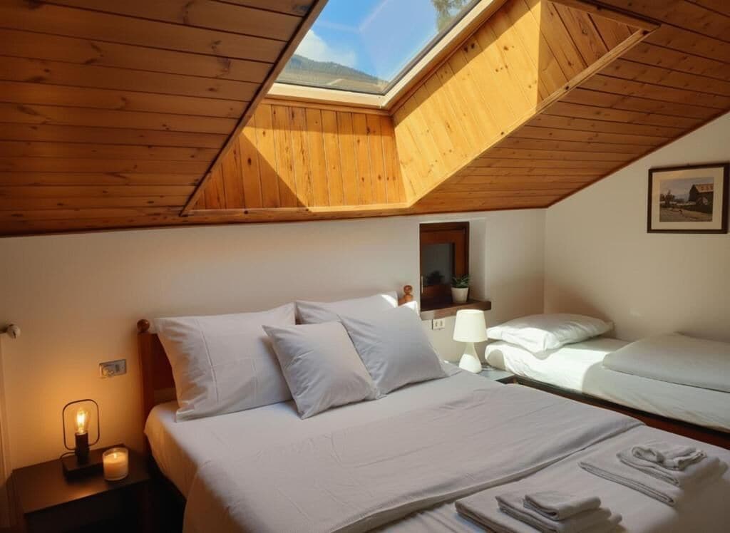 Een slaapkamer met dakraam, een bed met kussens, een nachtkastje met lamp en een kamerplant.