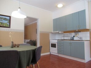 Fridge, microwave, oven, cookware/dishes/utensils