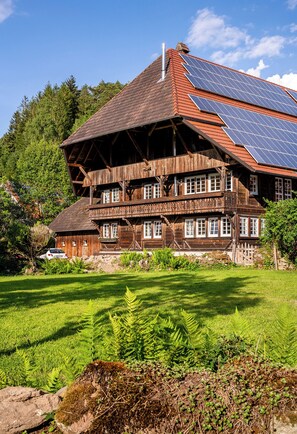 A traditional wooden house with a sloped roof and solar panels. - Modern converted barn with whirlpool in beautiful natural surroundings (Gutach (Schwarzwaldbahn))