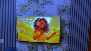 Ein an der Wand montierter Fernseher mit floralem Wanddesign.