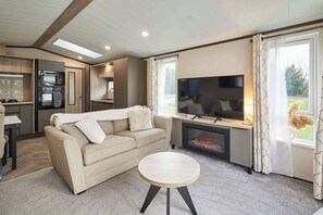 Ein modernes Wohnzimmer mit Sofa, Fernseher, Kamin und Küchenzeile.