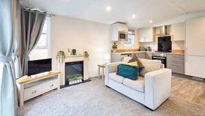 Een moderne woonkamer met een open haard, een bank en een keuken met kasten en apparatuur.
