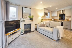 A compact living space with a TV, fireplace, sofa, kitchen area, and a large mirror. - Host & Stay | Woodpark Lodge (Pocklington)