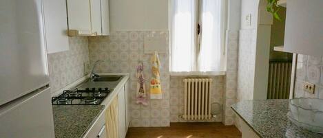 Fridge, microwave, stovetop, coffee/tea maker